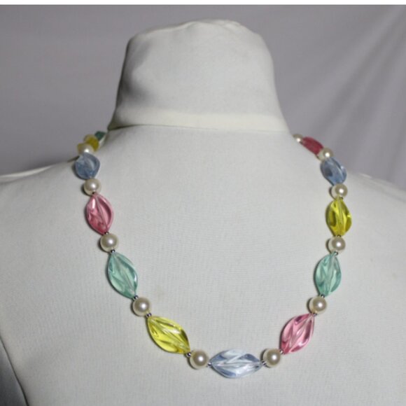 Vintage 60cm Faux Pearl and Pastel Translucent Beaded Necklace - Picture 9 of 9